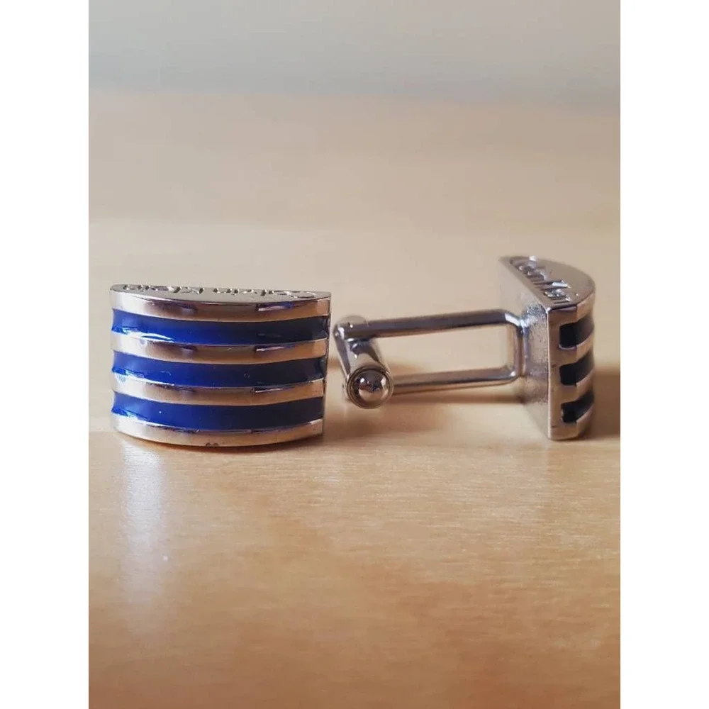 Calvin Klein Mens Silver Tone Cufflinks Blue Stripes Half Moon Shape Bullet Back